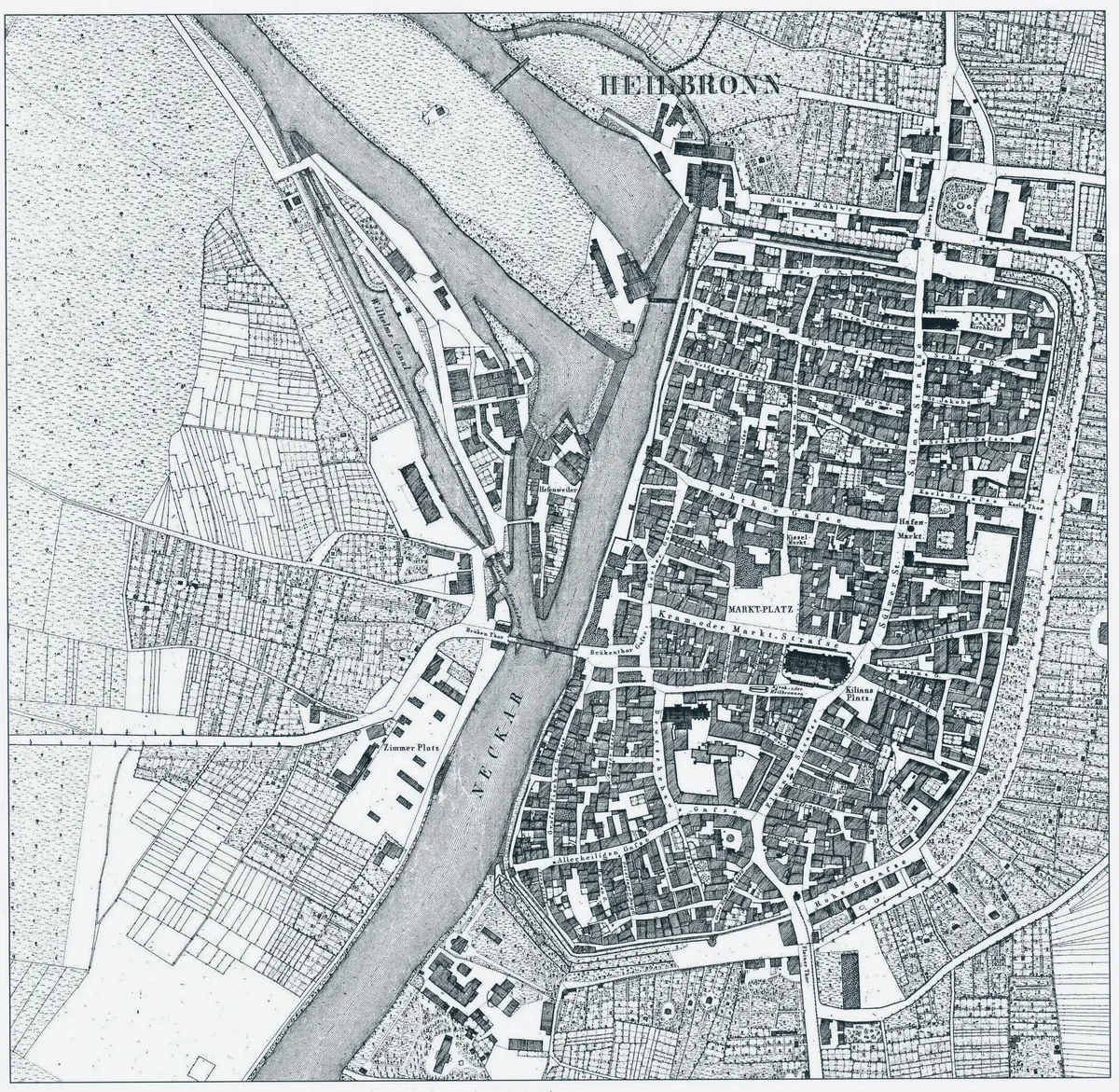 Historische Flurkarte mit Parzellen, Straßen und Fluss