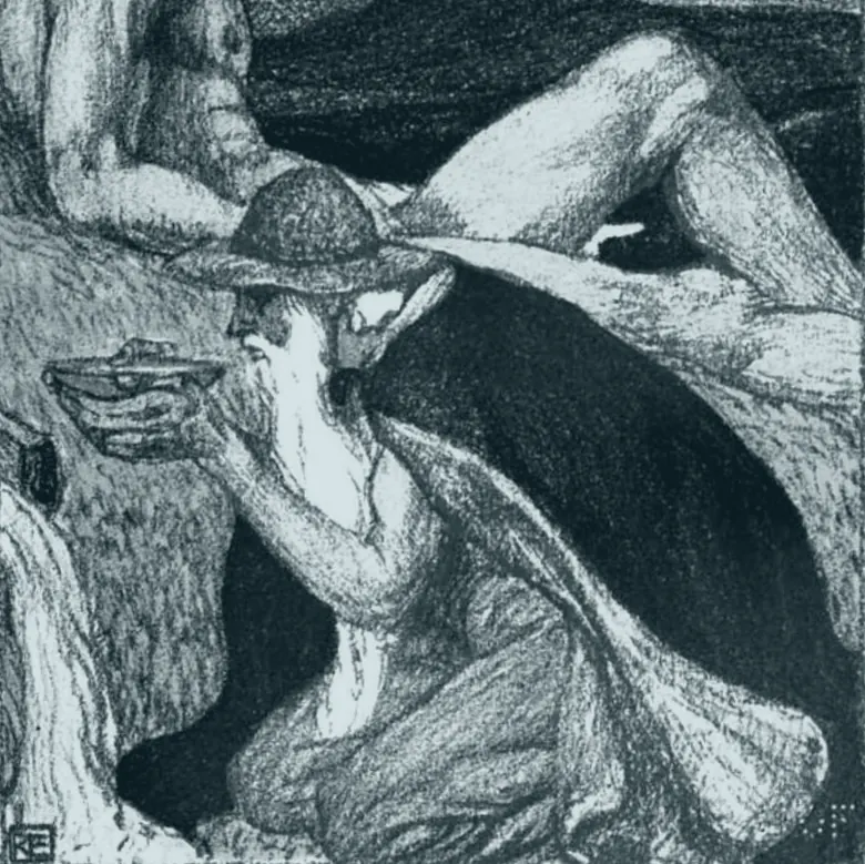 Odin kniet am Brunnen der Weisheit und trinkt aus einer Schale, hinter ihm sitzt Mimir